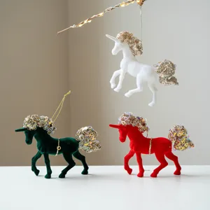 Christmas velvet unicorn hanging ornaments with sequin mane, festive tree decor set of 3.