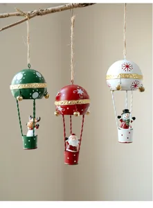 Christmas hot air balloon hanging ornaments set with resin Santa snowman and reindeer decor.