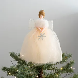 Christmas tree topper angel doll with fluffy collar lace dress and snowflake for holiday decor