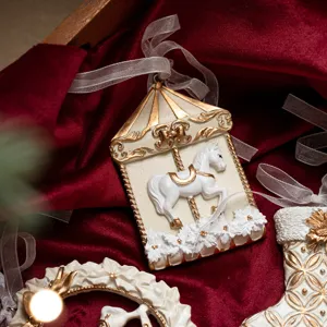 Nordic resin carousel Christmas tree hanging pendant in white and gold, elegant holiday decor.