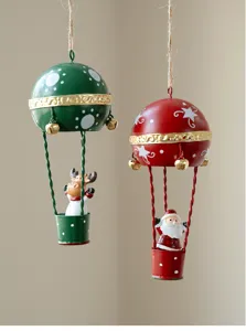 Close-up detail of Christmas hot air balloon hanging ornaments with Santa and reindeer figures.