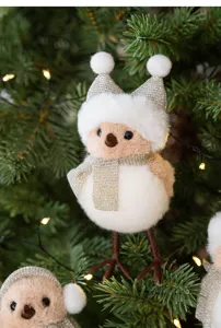 Christmas bird hanging ornament with sparkling champagne hat and scarf for tree decor.