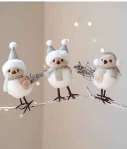 Detailed view of Christmas fuzzy bird ornament set with glitter hats and winter scarves.