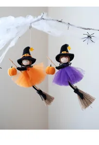 Halloween witch hanging decoration with mesh skirt and broom, cute festival party prop.