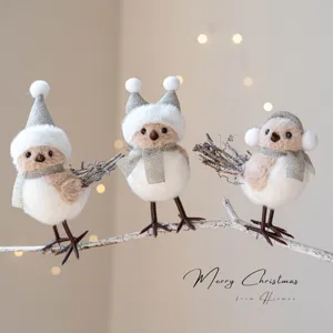 Champagne Christmas Tree Decoration Hat Bird Hanging Ornament Simulation Foam Furry Bird Holiday Home Decor Accents Pendant