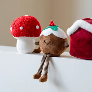 Set di peluche natalizi carini con bambole di fungo e budino per decorazioni festive.