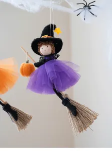 Halloween witch doll hanging decoration with purple tulle skirt, broom and pumpkin pendant.