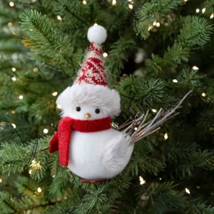 Christmas tree hanging bird pendant white plush foam ornament with red hat and scarf