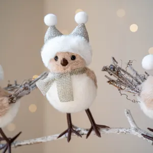 Christmas bird ornament with champagne hat and scarf, cute plush holiday tree hanging decor.