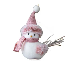 Cute Christmas bird hanging ornament with a pink knitted hat and scarf for your tree.