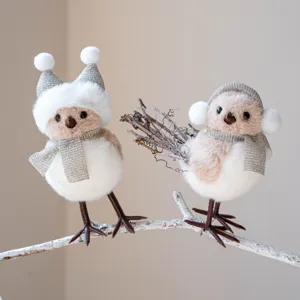 Christmas decorative plush birds pair with champagne glitter hats and scarves for trees.