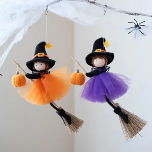 Halloween Hanging Witch Ornaments Cute Mesh Skirt Witch Doll With Broom Pumpkin Top Hat For Door Handle Party Decor