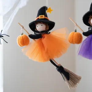Halloween witch hanging decoration with pumpkin and tulle skirt for holiday home party decor