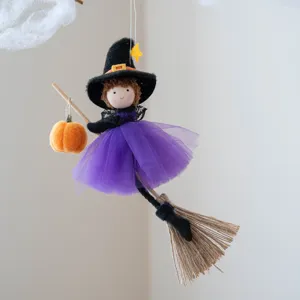 Cute Halloween witch hanging decoration felt doll with broom and pumpkin for indoor party.