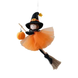 Halloween hanging decoration witch girl doll with broom and pumpkin for door handle home decor.