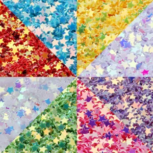 Colorful 3mm holeless PVC star sequins, perfect for nail art, crafts, and clothing decoration.