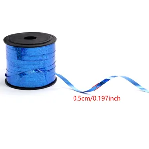 Blue holographic plastic ribbon spool for gift wrapping and decorative balloon tying.