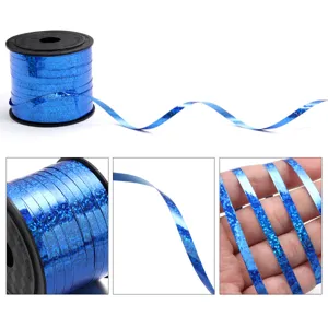 Detailed view of blue holographic plastic ribbon roll for balloon tying and gift packaging.