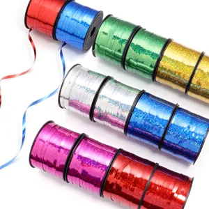 Detailed view of colorful holographic laser curling ribbons, perfect for gift wrapping.
