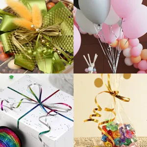Colorful plastic laser ribbon for gift wrapping, balloon tying, and party decoration crafts.