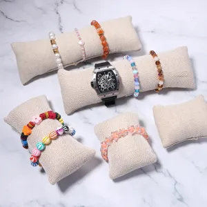 Beige Leinen Uhren Armband Display Kissen Set, Sackleinen Schmuck Ladentheke Requisiten neu.