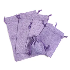 Lila Leinen Kordelzug Aufbewahrungsbeutel Set für Schmuck, Münzen und kleine Geschenkverpackung Details.