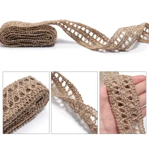 Close-up detail showing the texture and openwork woven pattern of the natural jute burlap ribbon.