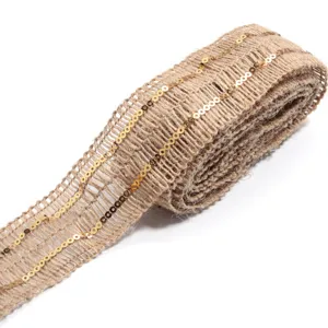 Jute woven ribbon with gold sequins, perfect for DIY crafts, gift packaging, and apparel trim.
