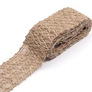 Natural burlap ribbon roll for DIY crafts, rustic jute web fabric for gift wrapping details.