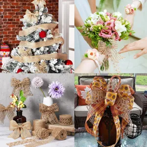 Detailed view of natural burlap ribbon and handmade bows used for gift wrapping and crafts.