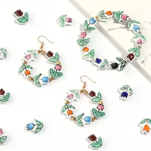 Ceramic tulip flower beads charms jewelry making DIY handmade accessories details view
