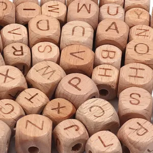 Natural beech wood alphabet letter beads for DIY handmade jewelry and kids education.