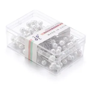 Spilli da sarta in acciaio inossidabile con teste di perle bianche in scatola.