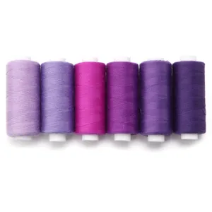 Close-up detail of colorful polyester sewing thread spools in gradient purple shades for crafts.