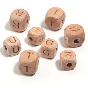 Natural beech wood alphabet letter square beads for DIY handmade jewelry necklace accessories.