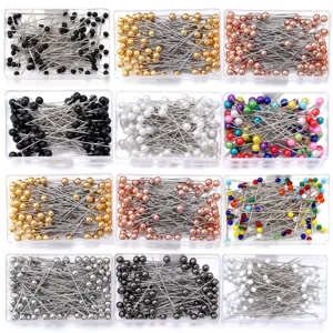 Set di spilli dritti in acciaio inossidabile colorato con testa di perla per cucito e sartoria.