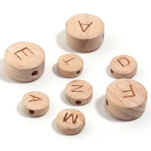 Natural beech wood letter flat round beads for DIY handmade kids craft jewelry making.