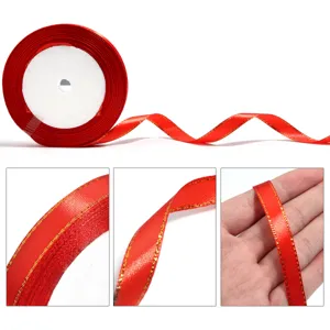Red satin ribbon with gold edge for gift wrapping, wedding decor, and DIY crafts. 1 roll.