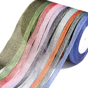 Metallic glitter ribbon roll for gift wrapping, crafts, and holiday party decoration.
