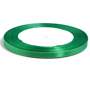 Green gold edge satin ribbon detail view, ideal for gift wrapping, crafts and DIY use.