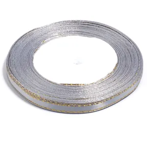 Silver ribbon with gold edge detail, perfect for gift wrapping, crafts, and DIY accessories.