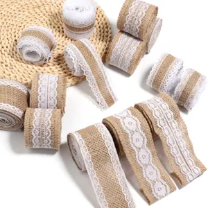 Burlap ribbon with white lace trim for DIY crafts, wedding decoration and gift wrapping.