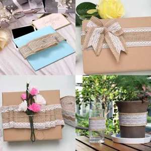 Burlap lace ribbon roll for DIY gift wrapping, rustic wedding crafts, and handmade accessories.