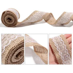 Close up view of natural jute burlap ribbon roll with white lace trim for DIY crafts detail.