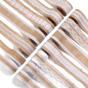 Closeup detail view of natural burlap ribbon rolls featuring delicate white lace trim edges.