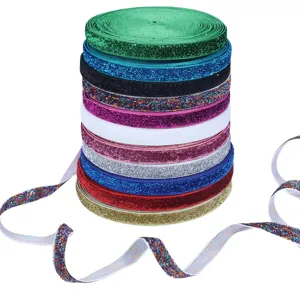 Glitter elastic ribbon detail shot, vibrant colors, perfect for DIY crafts and wrapping.