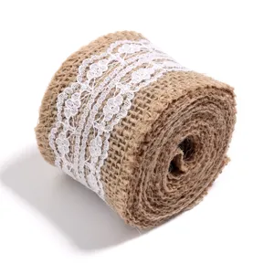 Detailed shot of rustic burlap ribbon roll featuring elegant white lace for DIY crafts and decor.