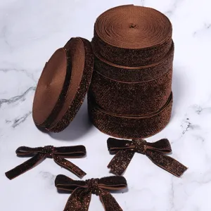 Brown glitter velvet ribbon rolls and bow accessories for DIY crafts, gift box and party decor