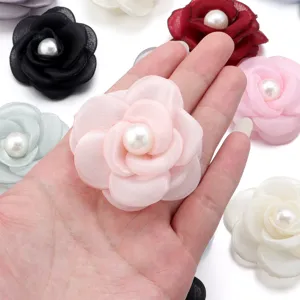 5cm mesh pearl camellia fabric flower DIY handmade brooch shoe garment accessory