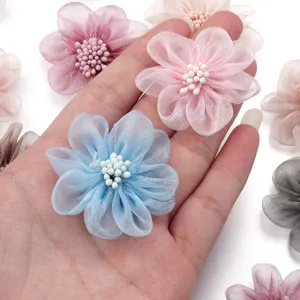 Organza fabric flower detail view, colorful DIY hair accessories clothing decor material.
